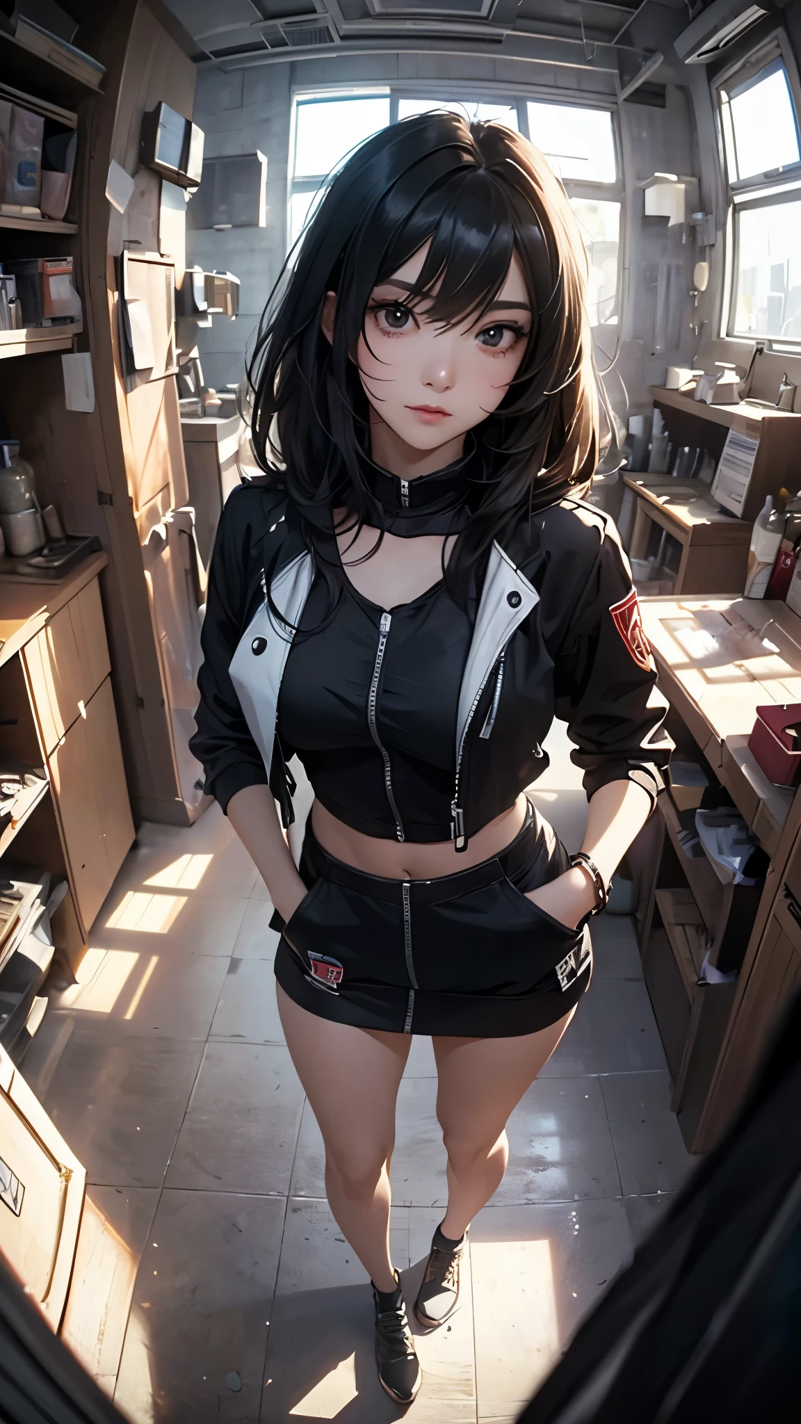 ((Highly detailed CG unit 8k wallpaper, masterpiece, High resolution, highest quality)), (Beautiful woman, put one's hand in one's pocket:1.8, Street fashion), ((highly detailed face, Highly detailed black eyes, detailed body, highest qualityのリアルテクスチャスキン)), (black hair, , white skin, ), (Futuristic abandoned building interior), (high angle:1.2, Fisheye:1.3), hyper realistic, digital painting, concept art,