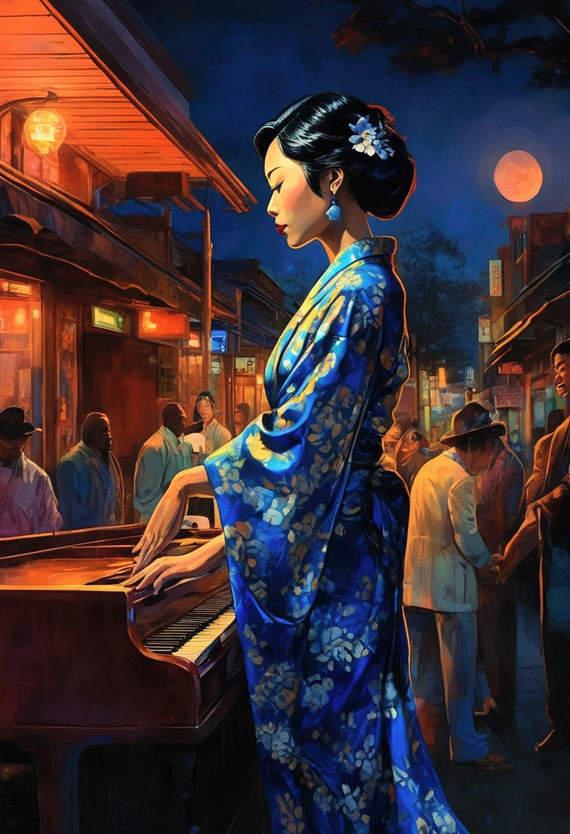 Taisho Romance obert johnson, gritty, alabama bar, blue note, charismatic , leopard skin dress, illustration, noir fantasy, lone lady, sad ending, japanese kimono woman pianist blues bluesmusic blues bar sad feeling dark moonlight usa america south blues bar