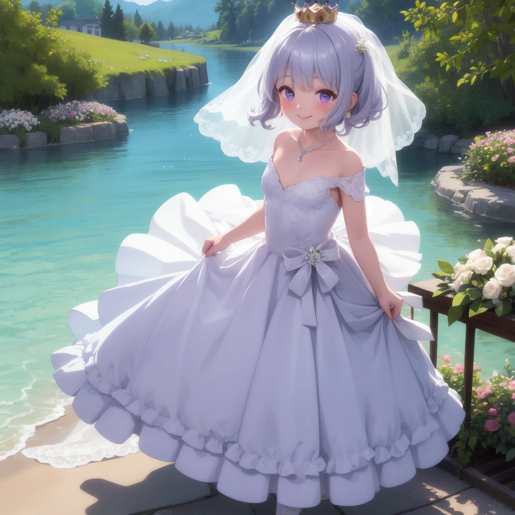 Wedding dress, bride, vale, wedding ring, neckless, crown, beautiful dress, flowers, purple dress, blush, smile, tease, bowes, ribbons, windy, , 1girl, Solo, long dress, High Resolution, masterpiece, silver hair, standing, water