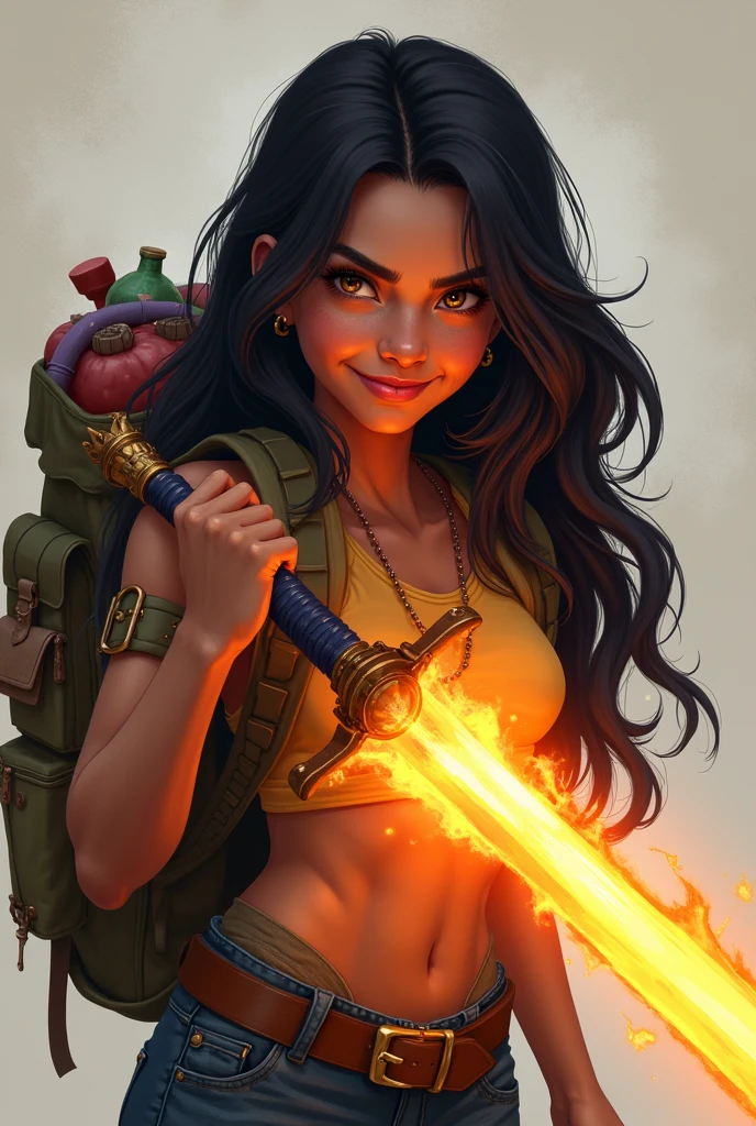 A Latina teenager with medium-dark skin who has dark hair and a mischievous smile who has a backpack full of supplies behind her and her fire katana in front of her