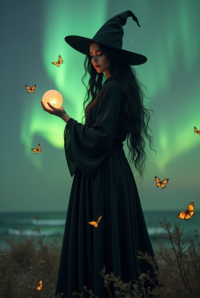 A godness with magic spells has black hair, standing amidst the northern lights, surrounded by golden butterflies, holding a magic wand in one hand, a magic crystal ball in the other, and wearing a simple black witch outfit. Wow! Her appearance has a mysterious charm.