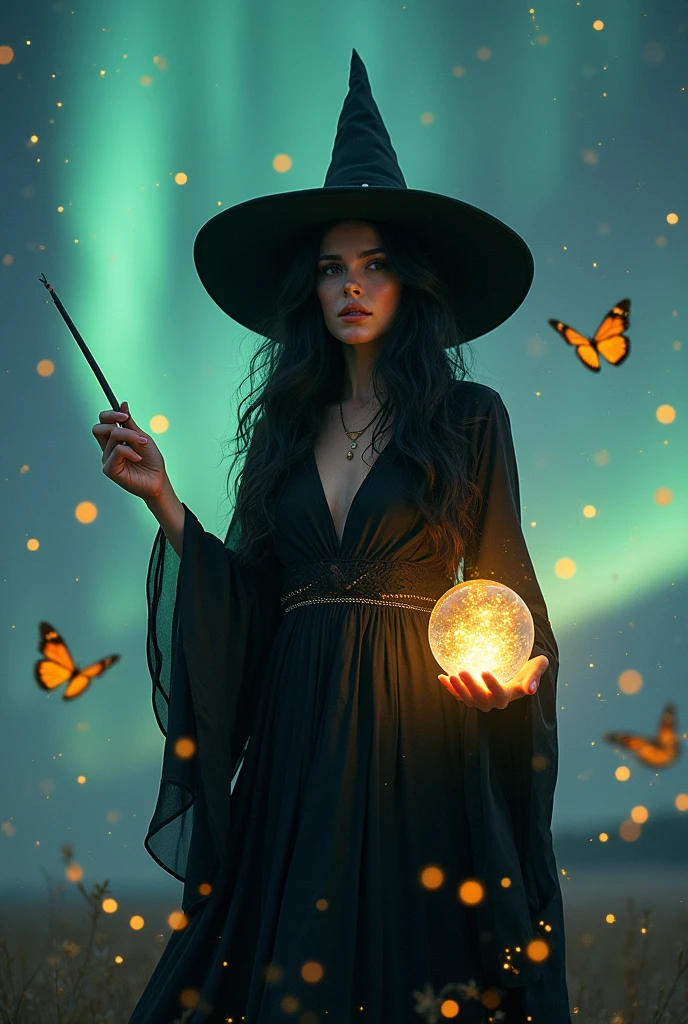 A godness with magic spells has black hair, standing amidst the northern lights, surrounded by golden butterflies, holding a magic wand in one hand, a magic crystal ball in the other, and wearing a simple black witch outfit. Wow! Her appearance has a mysterious charm.