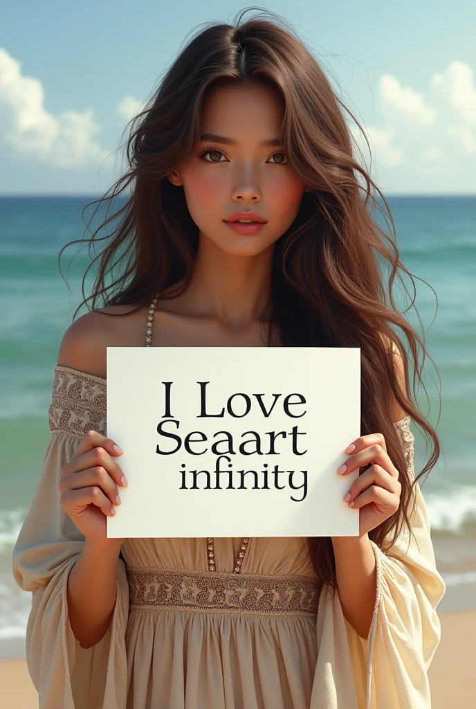 Beautiful girl with wavy long hair, bohemian dress, holding a white board with text "I Love Seaart Infinity" and showing it to the viewer