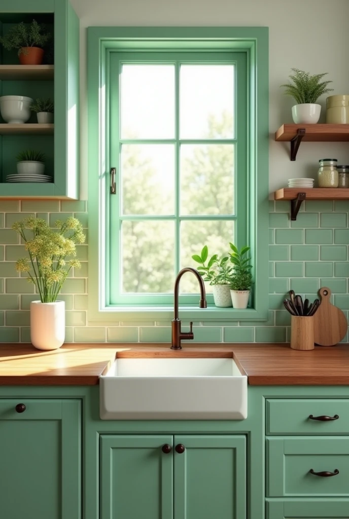 A kitchen with pastel green tiles on the wall, but the countertop and cabinets are dark wood colored, that has a sink with a light green window above it