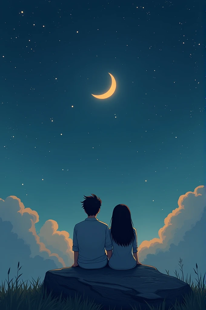 A man and a woman looking at the stars and the crescent moon sitting on a rock, without looking at their faces and being animated 