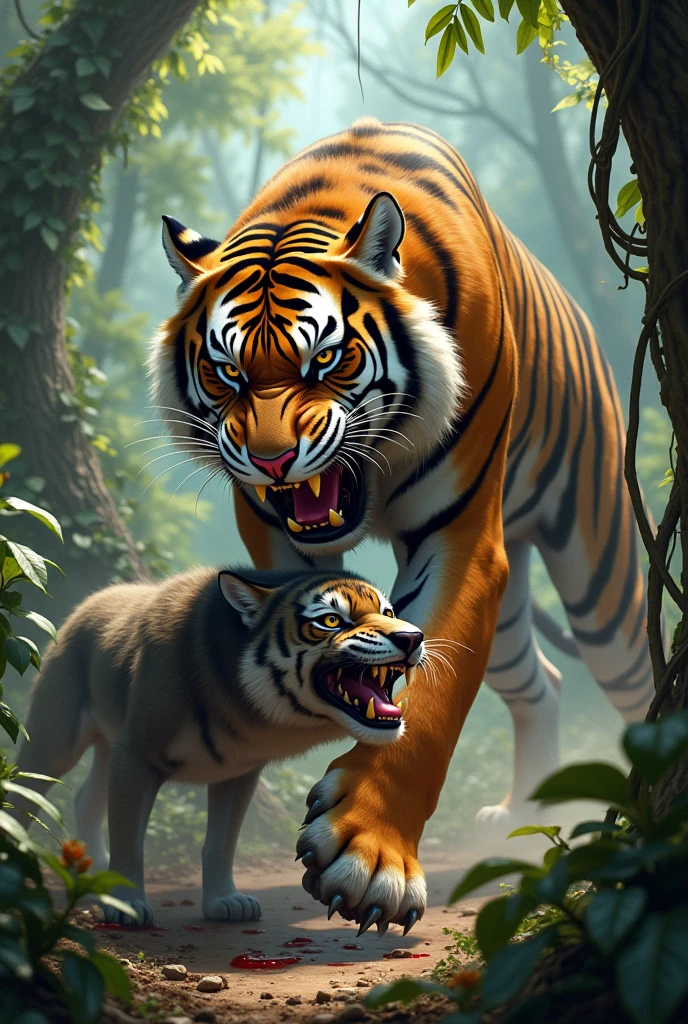 Hyperrealistic tiger attacking a wolf in the jungle
