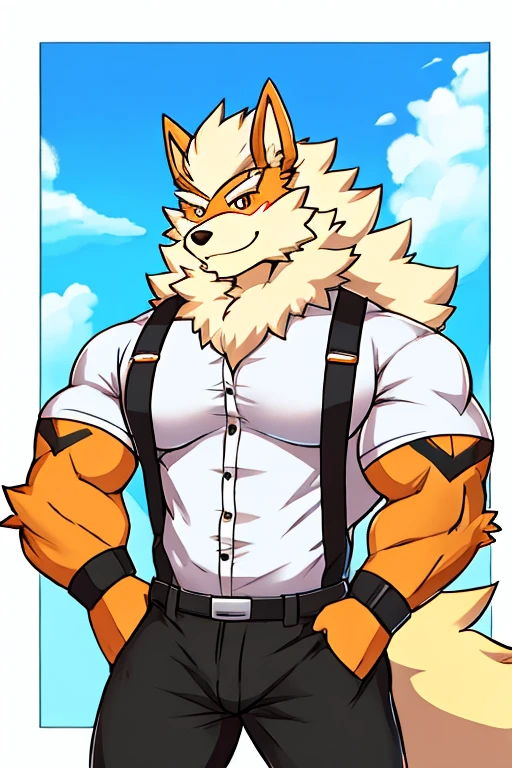 Arcanine, muscular, white shirt with straps , Black pants