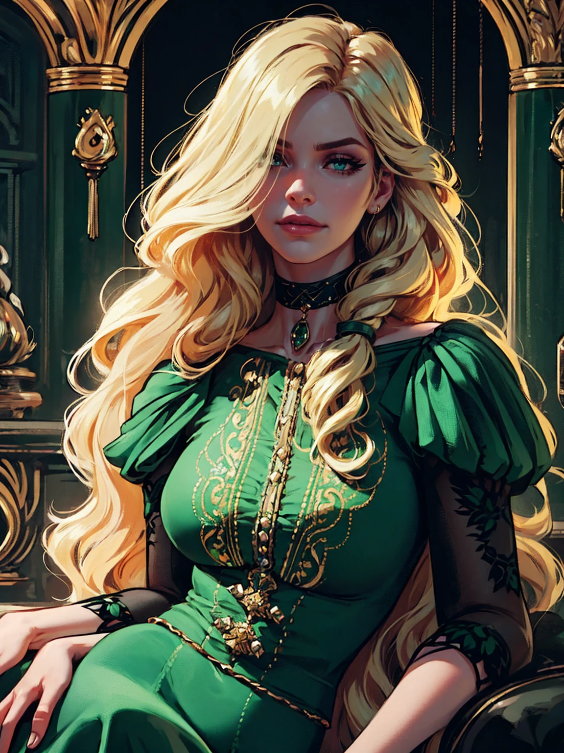 {-erro_de_anatomia:1.0} woman 40 years old, victorian clothes, (green dress), a woman (johanna constantine), very long blond hair, curly hair, (blond hair), (dark  blue 1 eyes), black choker . Indifferent look , merciless, dinamic poses, egoist smile, 