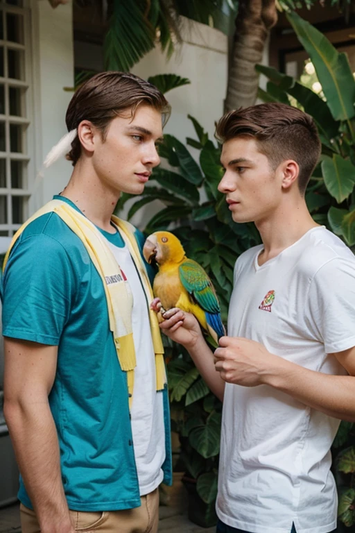 Young handsome cute white skinned smooth skinny beautiful face shows his college classmate a parrot while his classmate was surprised looking at the parrot