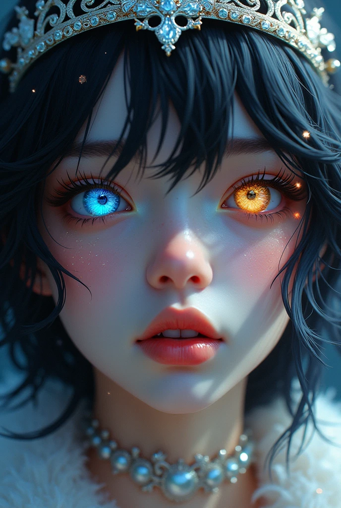 (Close-up of a better masterpiece:1.5)0.9], (Space and Baba khatu shyam:1.2) (Messy black hair:1.1) (Heterochromia xanthochromia and blue eyes:1.2) (silver crown:1.0) (Colored stars in the eyes:1.0) (A radiant glow:1.1) (thick lips:0.9)