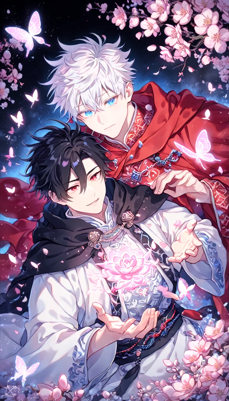 absurdres, highres, ultra detailed, HDR, master piece, best quality, extremely detailed face, delicated features, Xue Yu, untamed spiky hair, black hair, hair between the eyes, expressive red eyes, Thousand Years War, Gojou Satoru, white hair, messy hair, expressive blue eyes, white eyelashes, two sexy men together, gay couple, yaoi, handsome, manly man, black cape, red robes, white robes, accessories, patterns, fantasy, magical, blossoms, pink flowers, pink butterflies, magic, radiant, Jujutsu Kaisen