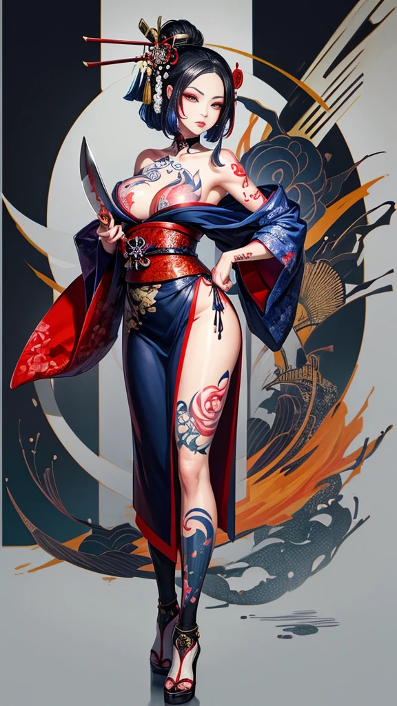 A professional drawing with colored pencils. A very tattooed geisha, with a strange expression and a big knife in his hand. Japanese and European style. Well nuanced colors, contrasting colors. Some graffiti style and vector art. ((The best quality))