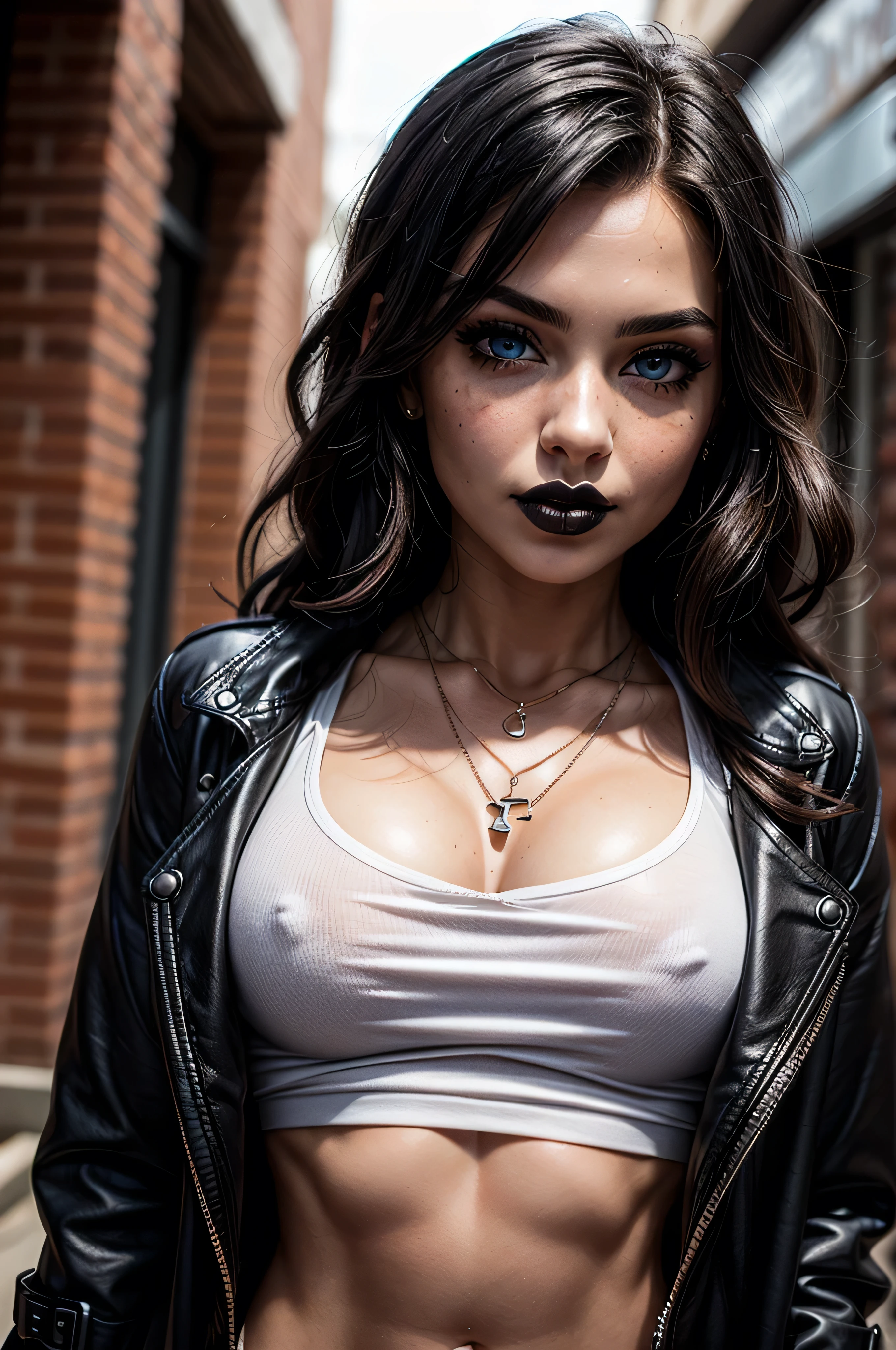 (masterpiece, photorealistic:1.4, extremely intricate:1.3), (photon mapping, radiosity, physically based rendering, ultra resolution, hyper-realistic, photorealistic:1.4, hyper-realistic, 8K), ((((19year age (closeup portrait girl), [supermodel:bodybuilder:0.6], long lashes, [large breaium breasts:0.1g curly cascade ([glossblack hair:blonde hair:0.9], black lips, goth, necklace)), [makeup:freckles:0.8])), smirking, gasp, sultry, BREAK, ((outdoor, parking lot, soft cinematic, ambient shadow, black leather trenchcoat, unzipped, open, white tied tshirt ((tattoo:1.0))), clear blue eyes)