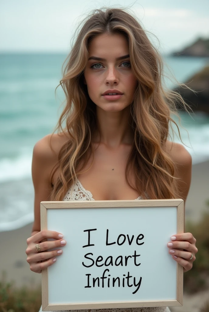 Beautiful girl with wavy long hair, bohemian dress, holding a white board with text "I Love Seaart Infinity" and showing it to the viewer