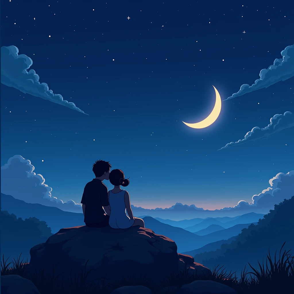 A man and a woman looking at the stars and the crescent moon sitting on a rock, without looking at their faces and being animated