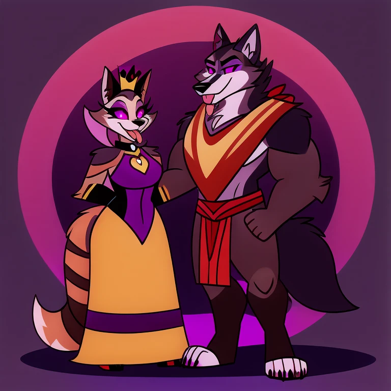 (masterpiece, best quality:1.2), hellhound, a couple, one male (Vortex) and the other female (Queen Bee), wolves, furry, helluva boss, hypnotized with glowing purple eyes, tongue out, tabard, full body image