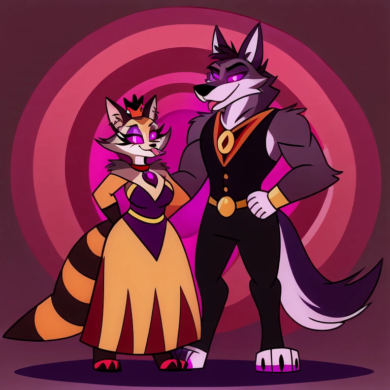(masterpiece, best quality:1.2), hellhound, a couple, one male (Vortex) and the other female (Queen Bee), wolves, furry, helluva boss, hypnotized with glowing purple eyes, tongue out, tabard, full body image