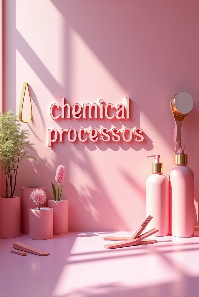 a picture of a hair salon (Logo) what say "chemical processes" let it be in italics soft pink color palette (Pastel pink background) bring some hairdressing supplies (what say procesos quimicos en español) professional and creative