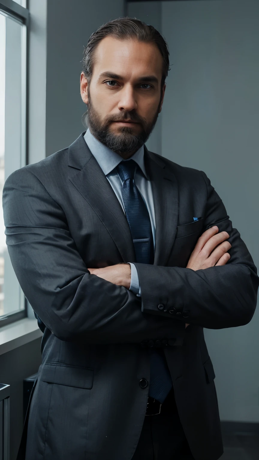 create a corporate LinkedIn style portrait of a robust man with his arms crossed and facing forward with a few days' beard, somewhat gray, very short lead gray hair, and prominent receding hairline, wearing a black suit and blue shirt