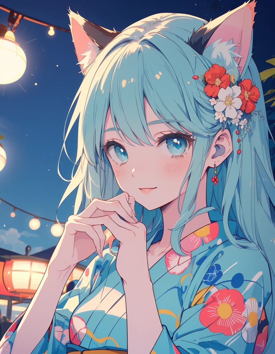 summer, small fire works, yukata, big smile, Japanese festival, ((masterpiece, best quality:1.5)), ((Beautiful detailed cat aqua eyes:1.2)), cat ears, pale skin, medium breasts, beautiful hands, beautiful fingers, EasyNegative