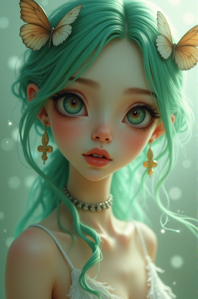 A cute skinny white girl with green hair and blue brown eyes