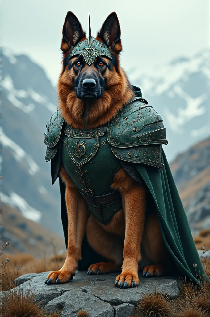 A German Shepherd dog, wearing dark green viking armor.