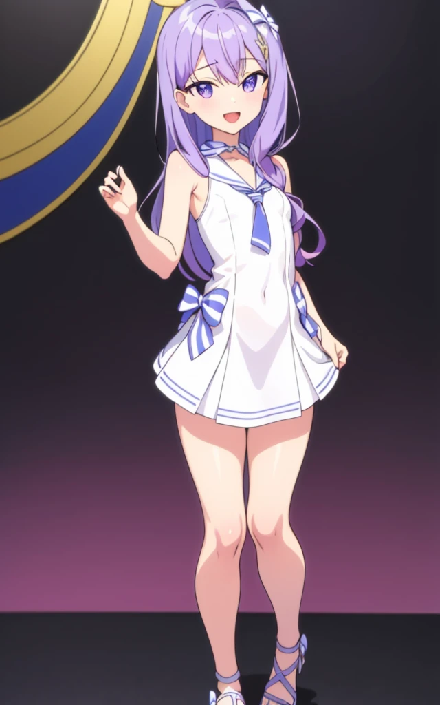 (masterpiece), best quality, intricate details, ultra details, ultra quality, rule of third (looking at viewer) detailed face, detailed iris, glossy lips, 1girl, solo, long hair, purple eyes, hair between eyes, purple hair, hair intakes, bangs, :D, (full body shot head to toe) standing full body (Sailor bikini and Sailor dress striped bow, thighs, sandals, white dress, miniskirt)