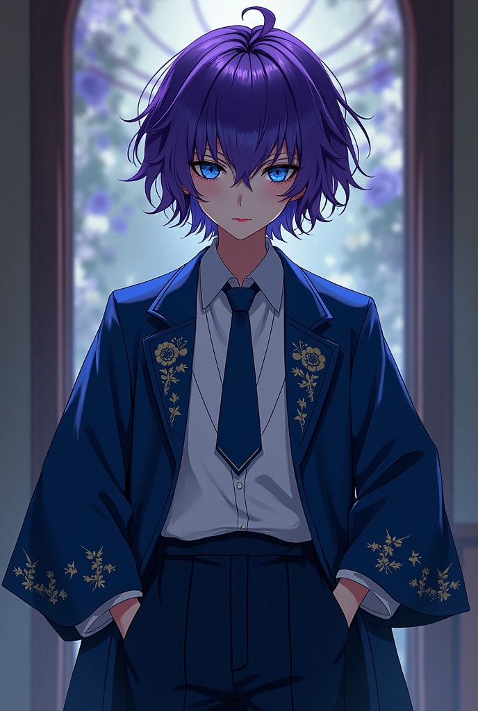 Record of ragnarok handsome demon boy with medium short purple hair and blue eyes with a blue kimono style white and blue suit and dark blue pants serious and psychopathic personality version 