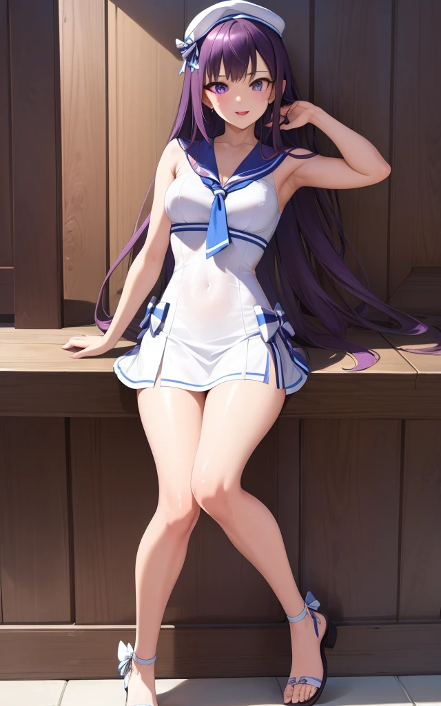 (masterpiece), best quality, intricate details, ultra details, ultra quality, rule of third (looking at viewer) detailed face, detailed iris, glossy lips, 1girl, solo, long hair, purple eyes, hair between eyes, purple hair, hair intakes, bangs, :D, (full body shot head to toe) standing full body (Sailor bikini and Sailor dress striped bow, thighs, sandals, white dress, miniskirt)