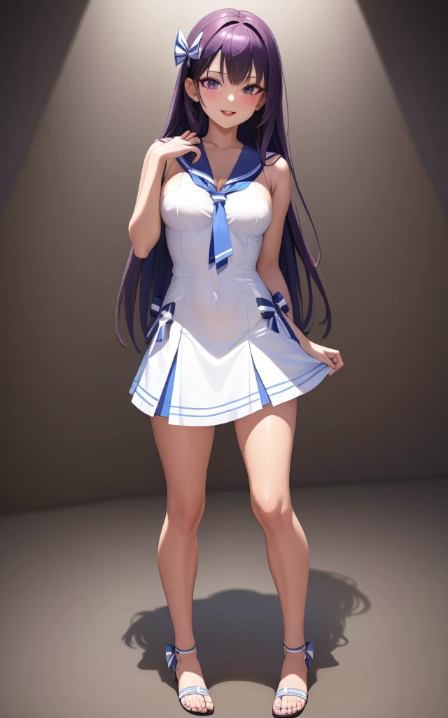 (masterpiece), best quality, intricate details, ultra details, ultra quality, rule of third (looking at viewer) detailed face, detailed iris, glossy lips, 1girl, solo, long hair, purple eyes, hair between eyes, purple hair, hair intakes, bangs, :D, (full body shot head to toe) standing full body (Sailor bikini and Sailor dress striped bow, thighs, sandals, white dress, miniskirt)