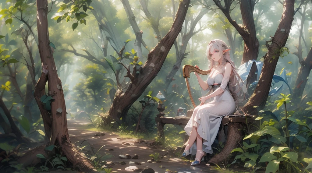 masterpiece, best quality, high quality, detailed, ultra detailed, hyper detailed, insanely detailed, exquisite, beautiful, FHD, Full-HD, 4K, 8K, 16K, highres, absurdres, forest, 1woman, Elf woman playing harp, meditating, intelligent, sitting, long hair, brown hair, silver hair, blue eyes, pale skin, fair skin, in the forest, with a tree, fantasy, beautiful, full body shot, lens flare, dust effect,five fingers