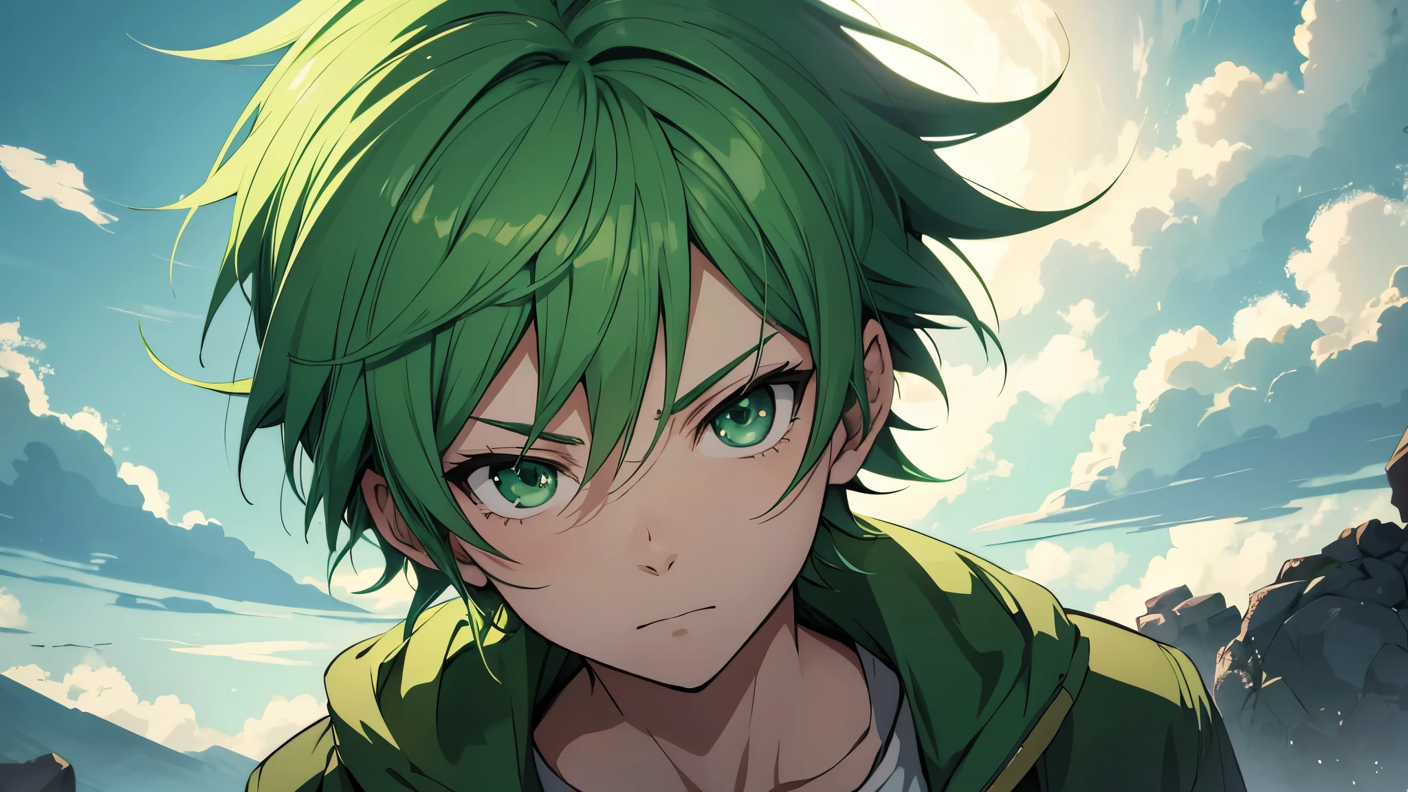 Anime boy with short green hair and green eyes not smiling, Anime sky, zoom out