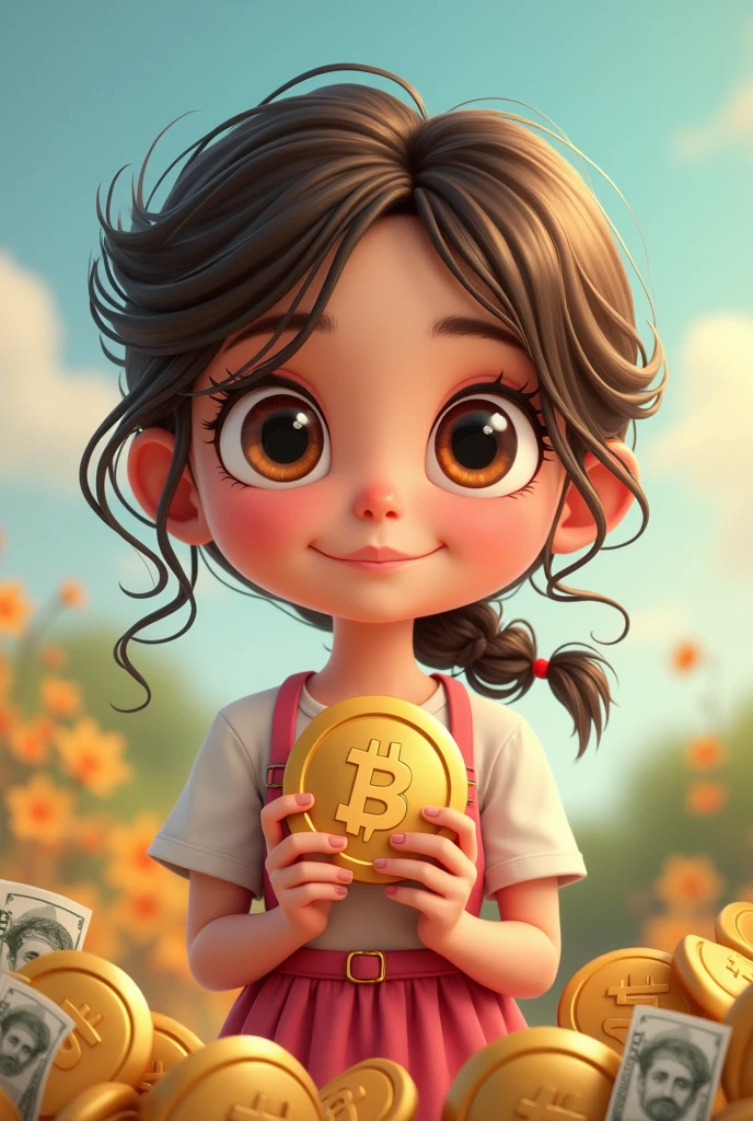 Animated girl with coins and banknotes of different currencies