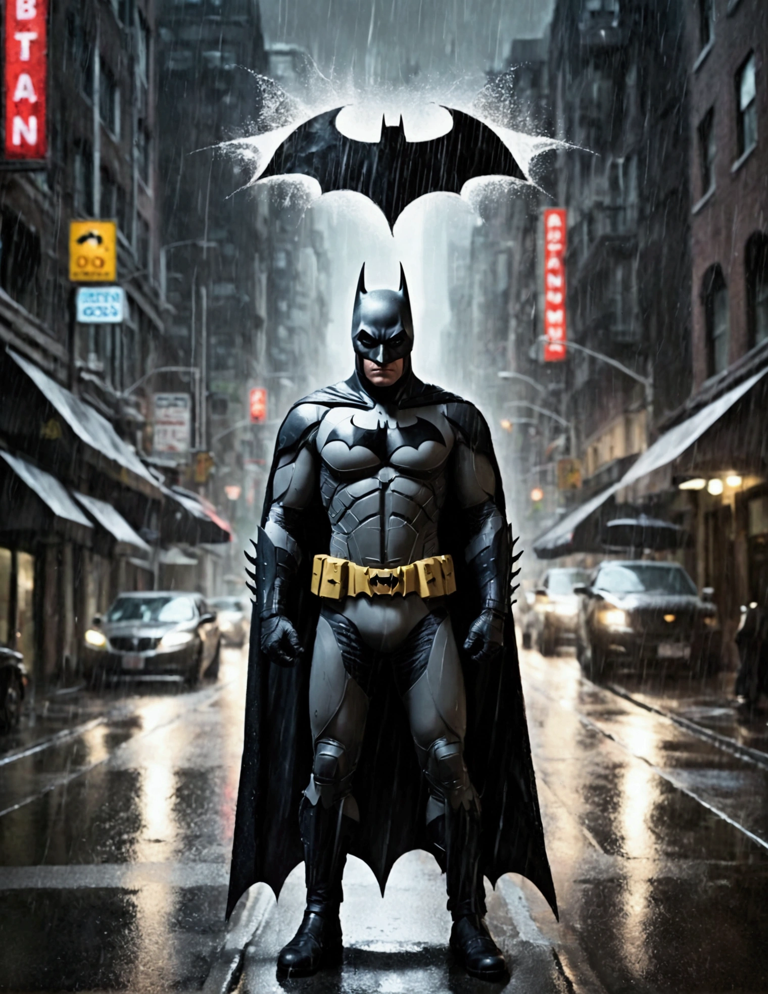 Batman approaching the viewer on a rainy street, The caption in the center of the poster reads 'BATMAN', show all of him head to toe, grim, edgy