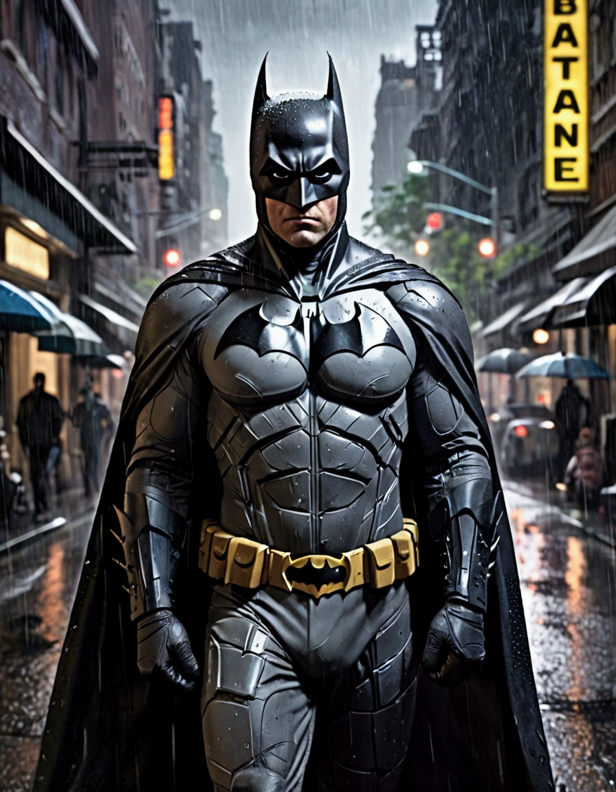 Batman approaching the viewer on a rainy street, The caption in the center of the poster reads 'BATMAN', show all of him head to toe, grim, edgy