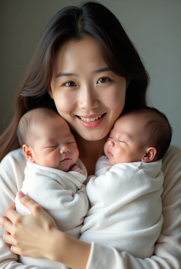 Chinese women around 30 years old, Natural dark brown hair, Looks innocent, She held two  Chinese babies  arms, Ultra-clear focus, realistic lens, Upper body shooting