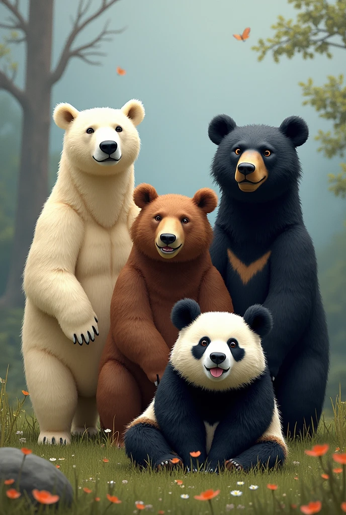 a polar bear, a brown bear, a panda bear and a black bear 