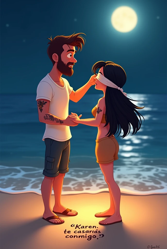 A cartoon-like image from Pixar with a couple on the beach at night, The man has a beard and short brown hair., He wears a white short-sleeved shirt and has a tattoo of a phoenix on his arm., She has long black hair and wears a short dress and has a small tattoo of a rose on her arm, The man is removing a blindfold from her eyes, In the sand is written the phrase Karen will you marry me? ,The word must be written as is in Spanish