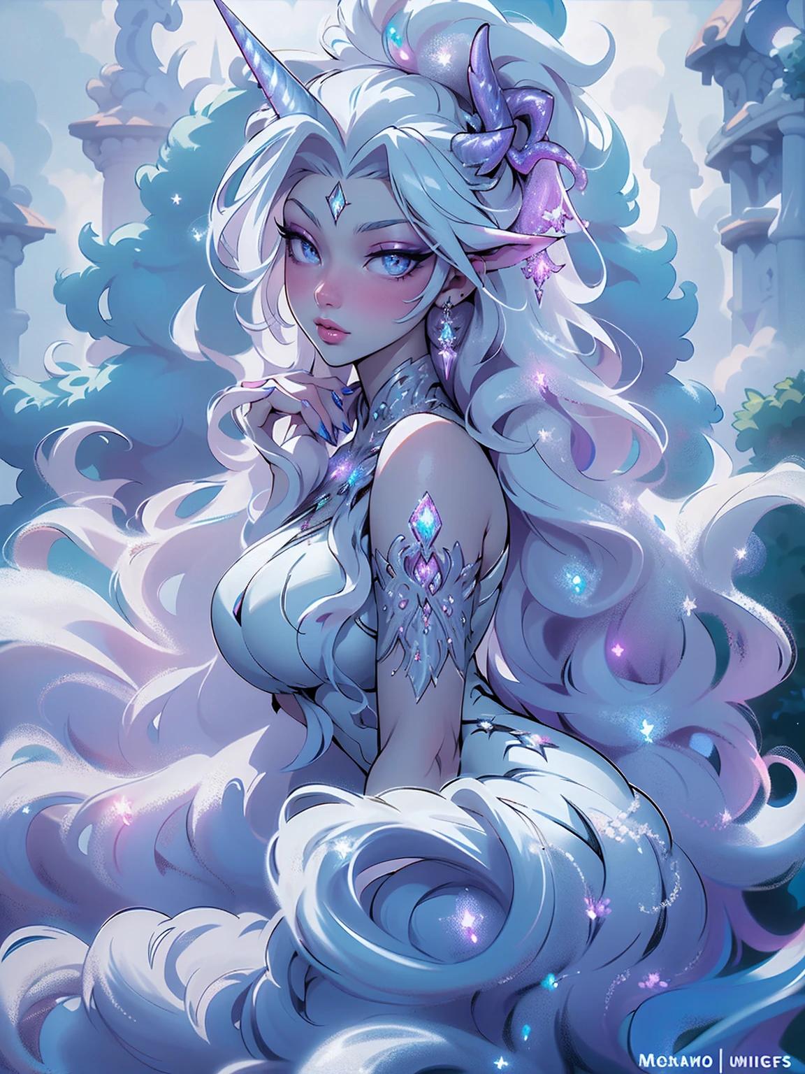 (Masterpiece - Ultra-Detailed, High Resolution)There is a white unicorn girl, blue mane and long mane, white unicorn, unicorn, unicorn horns, A unicorn, celestia, Nine stories, blue unicorn, soft dreamy, cinematic light《fangs》Unicorn in, mythological creatures, a mythical creature, Pokémon illustration, unicorns, a glaceon princess, white dress, opal eyes. Auroracore, ghostly iridescent, image good for rendering, sitting on the water. unicorn girl, full body, backwards, looking back