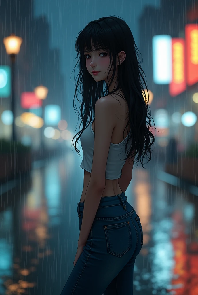 far view full standing behind view but she look at camera cute girl sad face but smiling. beauty of her. at rainy day in night. many bokeh light and front her is blur light. the image show full view that girl body show his head an legs and shoes at the modern city. she wearing long jeans.