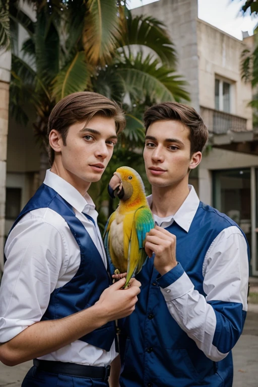 Young handsome cute white skinned smooth skinny beautiful face and wearing uniform shows his college classmate a parrot while his classmate was surprised looking at the parrot