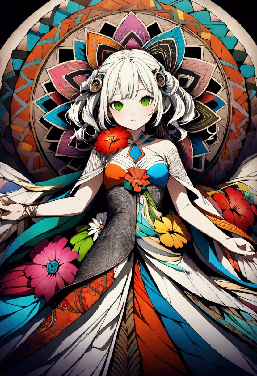 Realistic,High resolution, Highest quality,Official Art, colorful, Very detailed, whole body, beautiful, masterpiece, Highest quality, (zenTangle, colorful, Tangle, enTangle), (Flower Ecstasy:1.2) Dynamic Angle, Girl, the most beautiful form of chaos, elegant, Brutalist Design, Vibrant colors, Romanticism, whole body,The background is silver&green: Surrounded by a white aura、god々Shii、An illustration、12 years old、whole body
