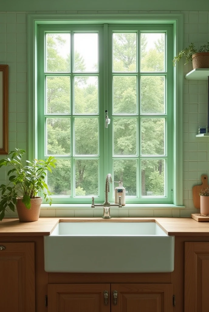 A kitchen with pastel green tiles on the wall, but the countertop near the sink should be wood and the cabinets below should be dark wood colored, that has a silver sink with a large moss green window above it, The kitchen should NOT have floating countertops