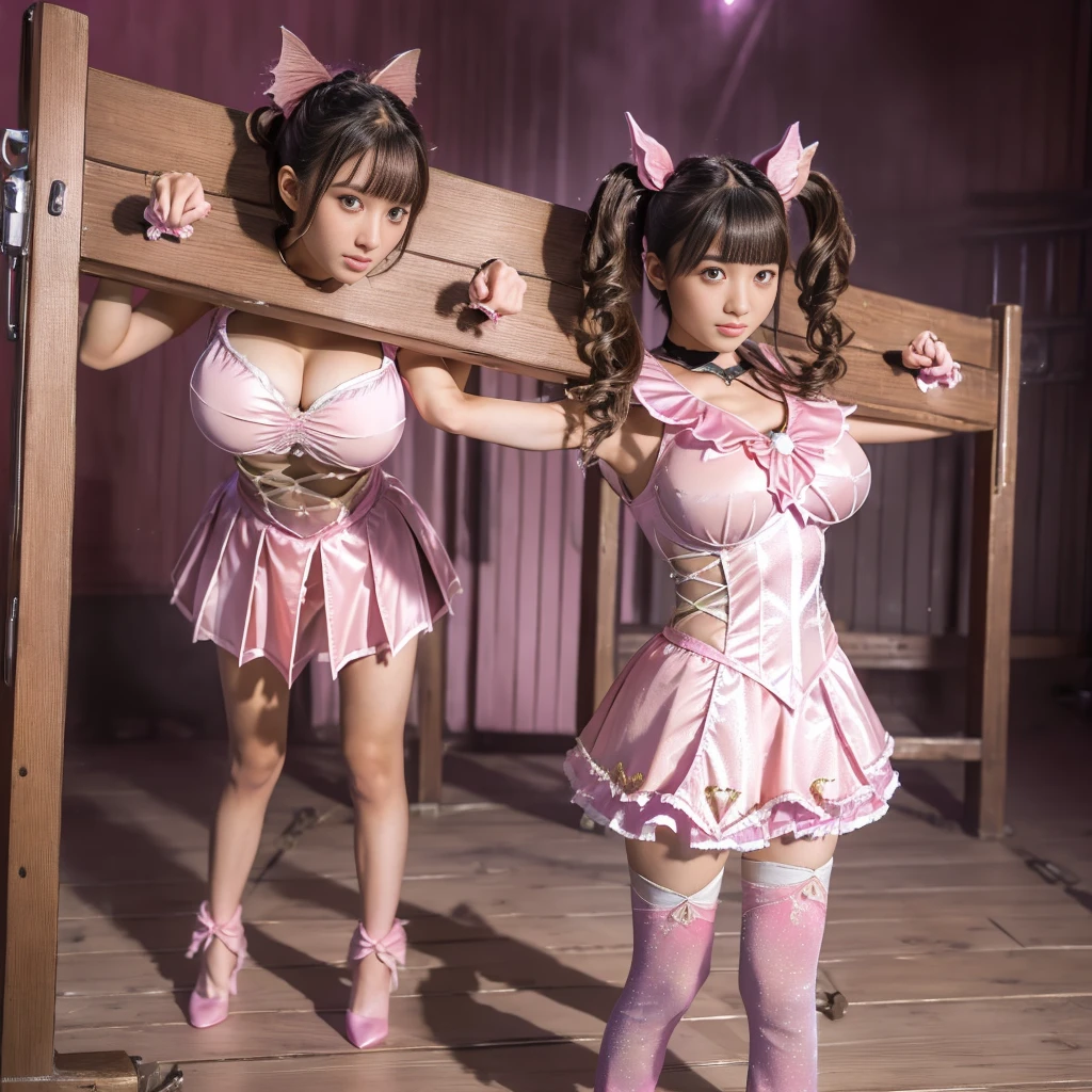 high quality, masterpiece, Very detailed, 8k, A beautiful 13 year old Japanese girl:1.5, Small face, Twin tails, blunt bangs, Breast Augmentation Surgery, (A gorgeous pink magical girl heroine costume:1.3), (head and hands stuck in pillory:1.2), (Very big boobs:1.2)