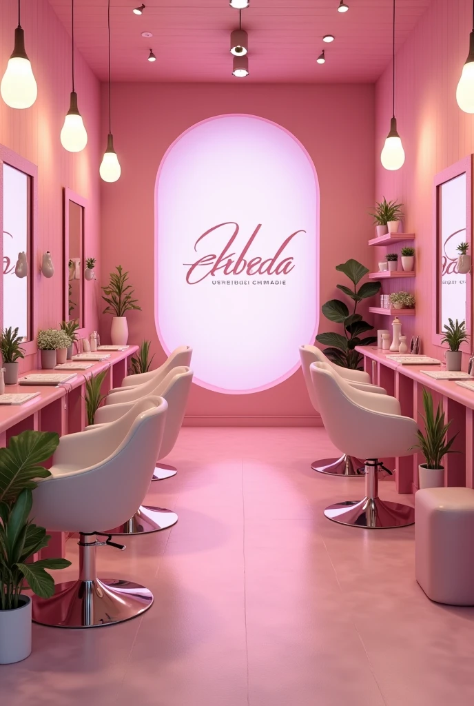 a picture of a hair salon (Logo) what say "chemical processes (Spanish)" soft pink color palette  (Pastel pink background) bring some hairdressing supplies, professional and creative