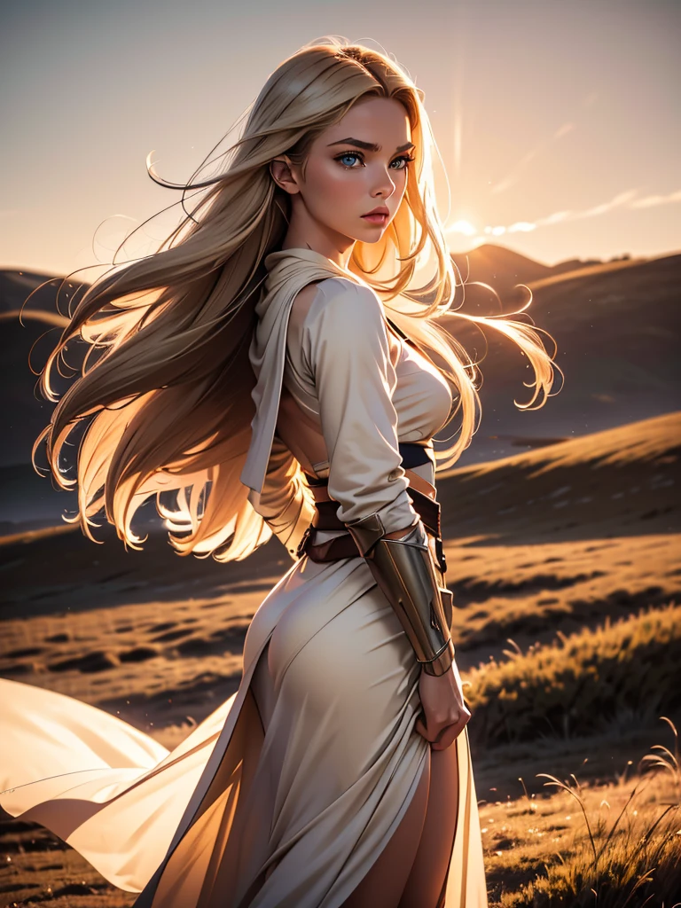 ((full body)) ((Knees visible)) ((hands visible)) A photorealistic photograph of a full-length body, Side view, Tall, young, 20s, blonde woman, supermodel, fitness model standing on a meadow wearing a ((white, beige and brown Jedi inspired cosplay costume)) . The woman has a beautiful, toned, body. The image is realistic, very detailed. very high resolution, 8k rendering, Evening lighting with the sunset and red horizon. The lighting is perfect, the scene is clear, extreme realism, cinematic image. hyper detailed face, beautiful piercing blue eyes, Adriana Grande lookalike, long hair blowing in the wind