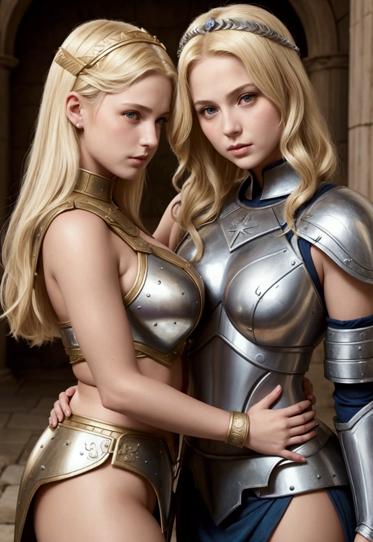 mother and daughter portrait break: mature woman, roman warrior, queens blade , middle age, blonde, detailed face, curvy body, fighter position, break: girl, roman warrior, princess blade , 13 yenager girl, s breasts, mini cropped, valkyrian princess ,blonde, detailed face, beautiful, confiant, background in uk land with flowers, soft lesbians