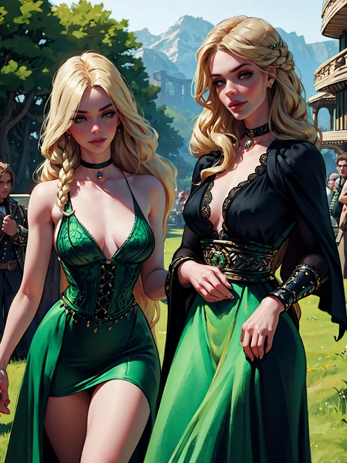 {-erro_de_anatomia:1.0} woman 40 years old, victorian clothes, (green dress), a woman (johanna constantine), very long blond hair, curly hair, (blond hair), (dark blue 1 eyes), black choker . Indifferent look , merciless, dinamic poses, egoist smile,