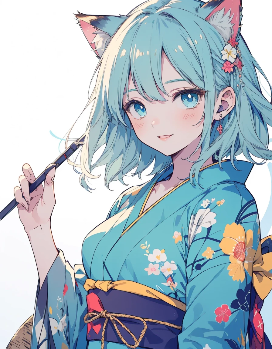 summer, small fire works, yukata, big smile, Japanese festival, ((masterpiece, best quality:1.5)), ((Beautiful detailed cat aqua eyes:1.2)), cat ears, pale skin, medium breasts, beautiful hands, beautiful fingers, EasyNegative