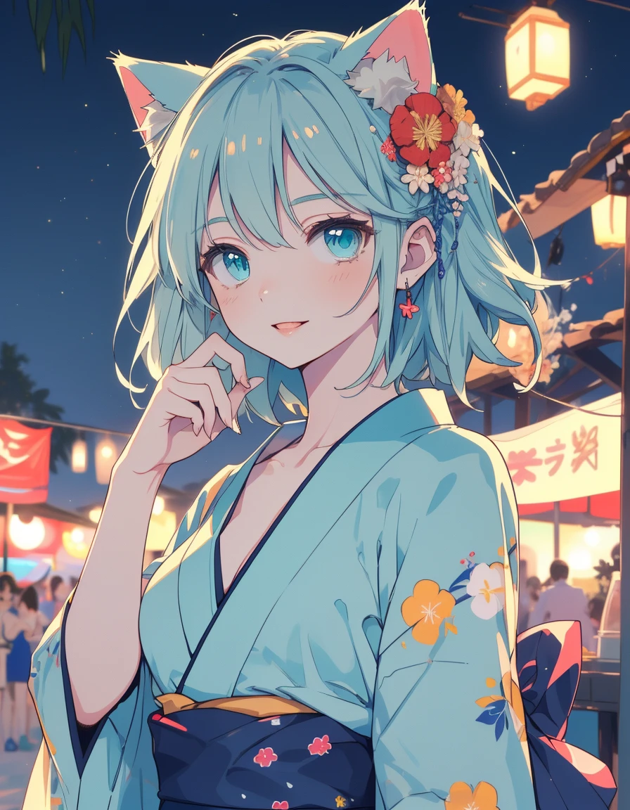 summer, small fire works, yukata, big smile, Japanese festival, ((masterpiece, best quality:1.5)), ((Beautiful detailed cat aqua eyes:1.2)), cat ears, pale skin, medium breasts, beautiful hands, beautiful fingers, EasyNegative